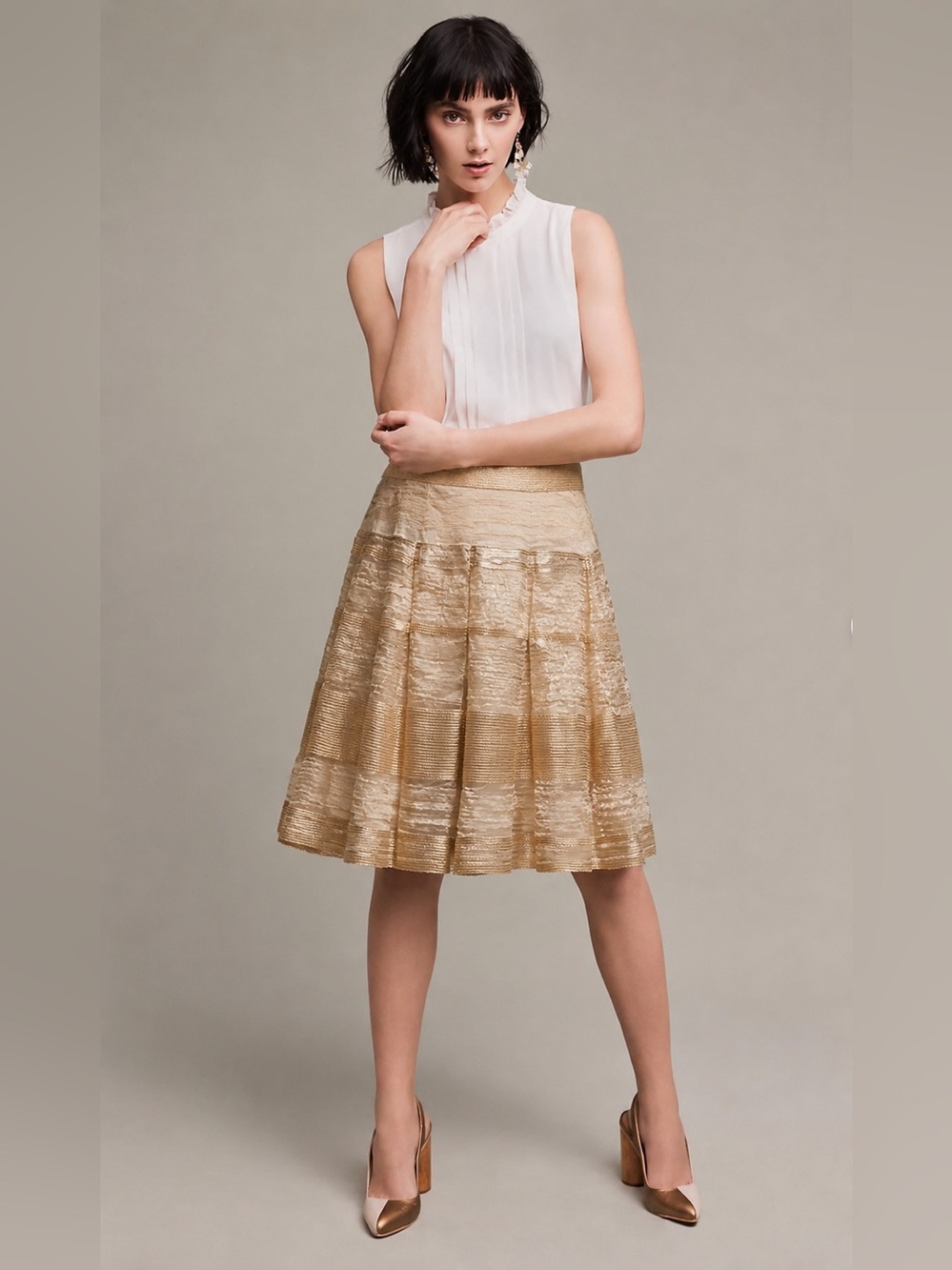 VTG Designer Gold Metallic Pleated Women's Skirt Beautiful NWOTS Silk lined